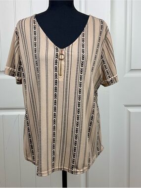 Beige Striped V-Neck Short Sleeve Top with Ring Accent